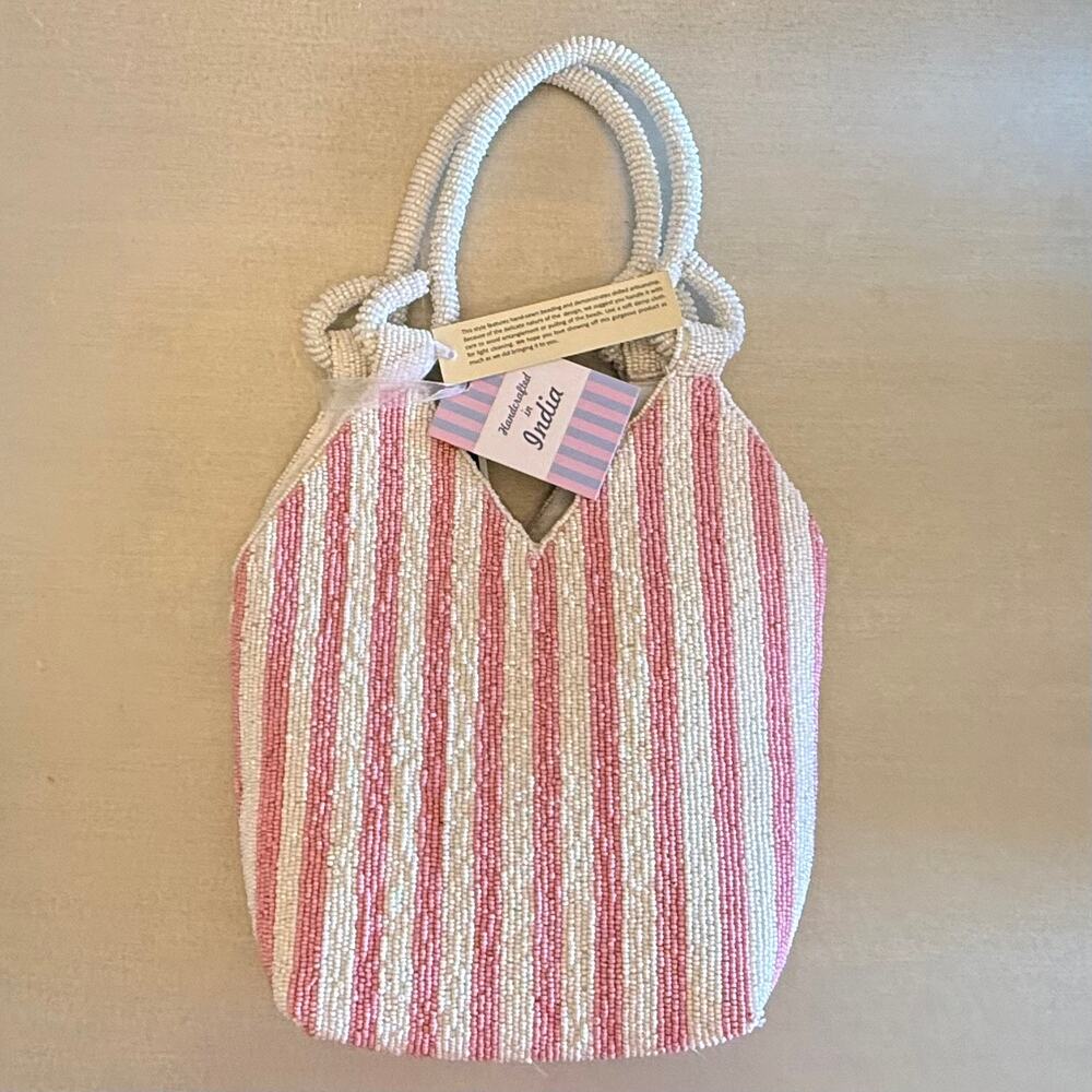 NWT Viral Handcrafted In India Beaded Pink White Striped Tote Cocktail Bag - Picture 4 of 11